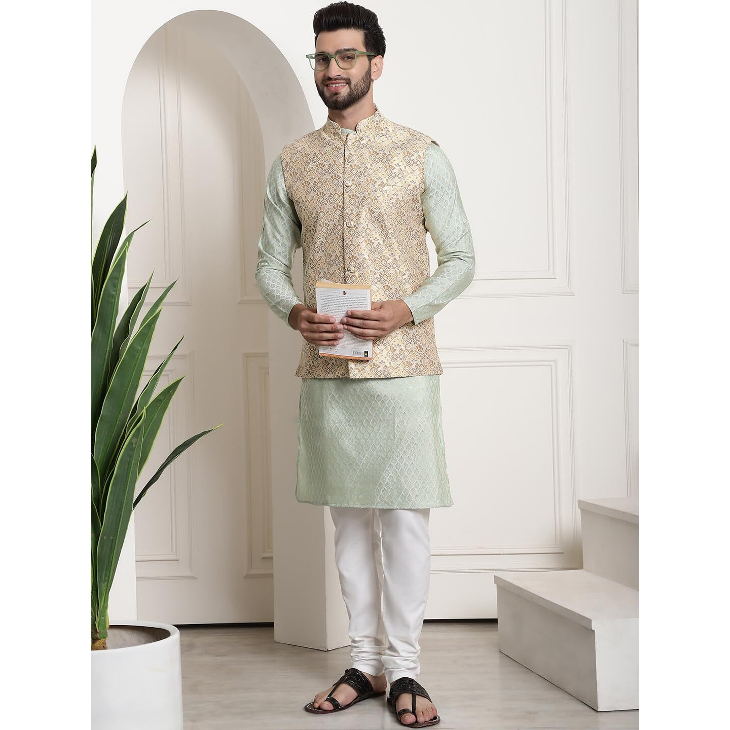 Sojanya (Since 1958 Men's Jacquard Silk Pistagreen Kurta & Cream Pyjama With Mustard Nehrujacket