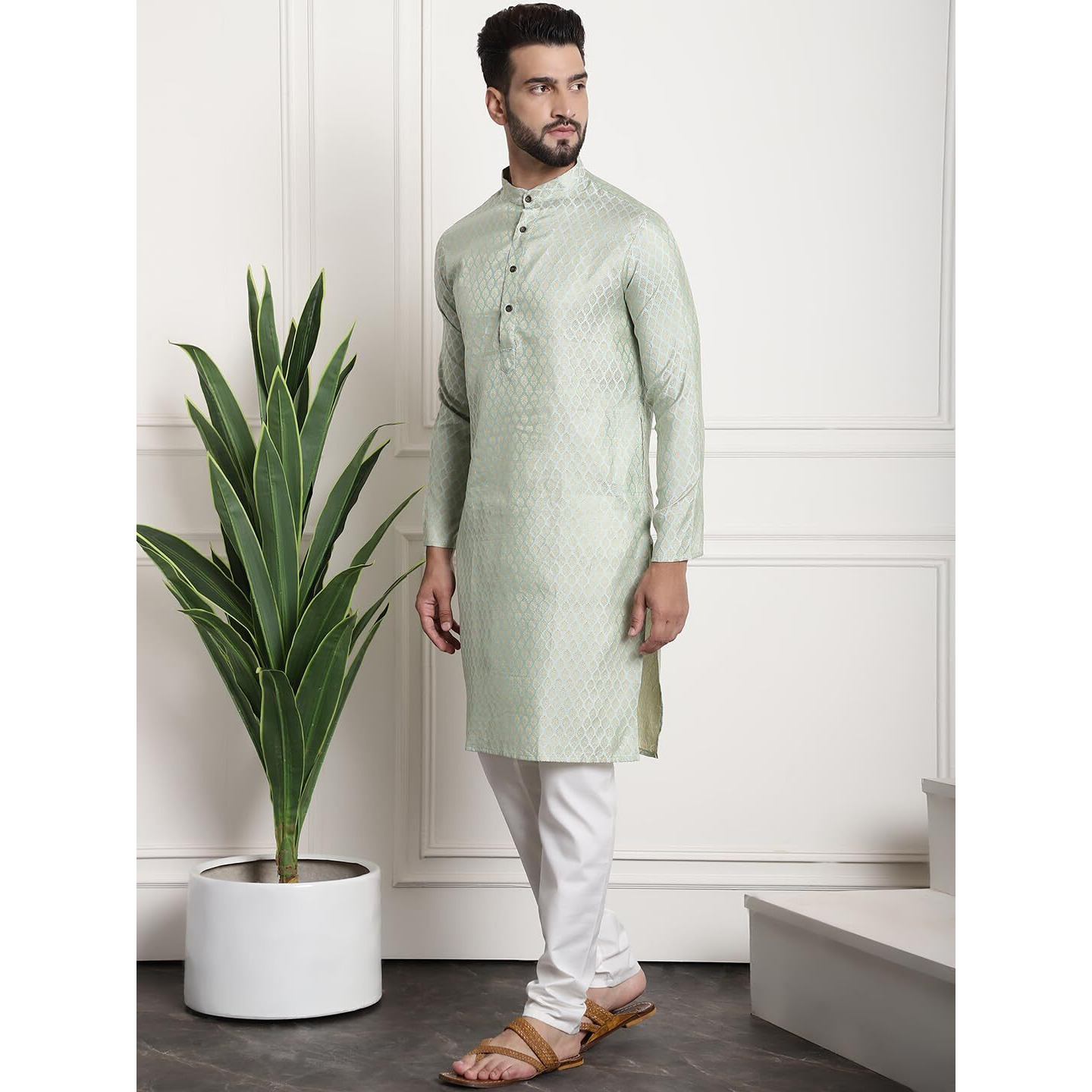 Sojanya (Since 1958 Men's Jacquard Silk Pistagreen Kurta & Cream Pyjama With Mustard Nehrujacket