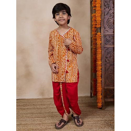 Pspeaches Boys Bandhani Printed V Neck Gotta Patti Kurta With Dhoti Pants (7-8Years)