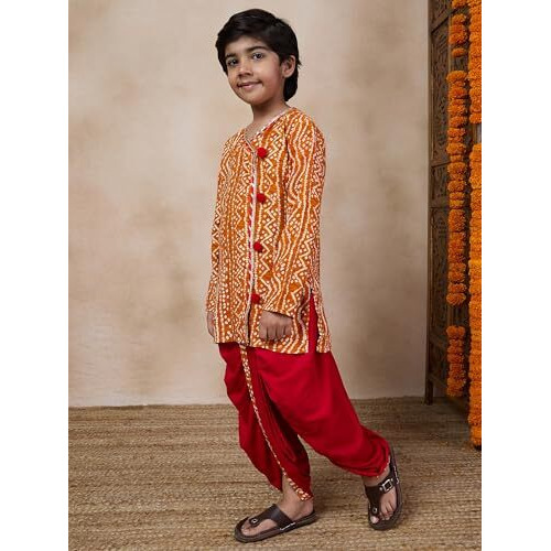 Pspeaches Boys Bandhani Printed V Neck Gotta Patti Kurta With Dhoti Pants (7-8Years)