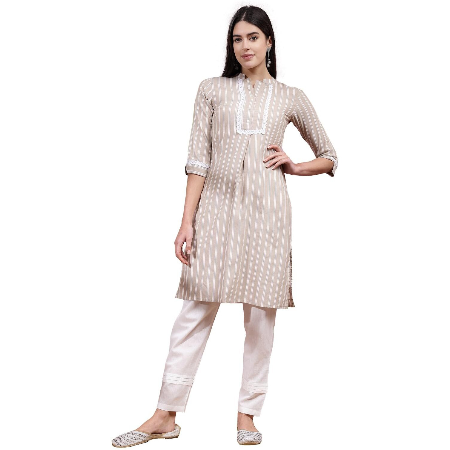 Stylum Women's Woven Striped Cotton Blend Straight Kurta (Beigeboss42_Beige, Xl)