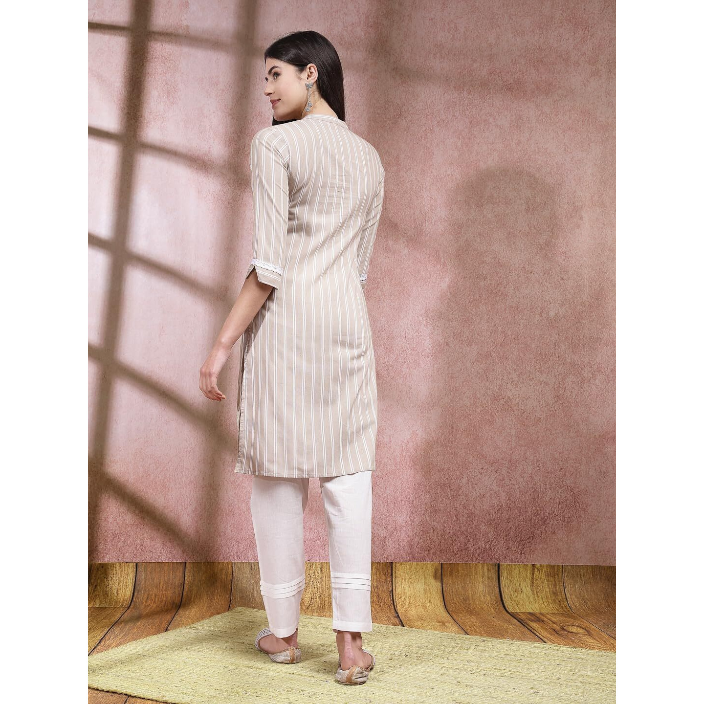 Stylum Women's Woven Striped Cotton Blend Straight Kurta (Beigeboss42_Beige, Xl)