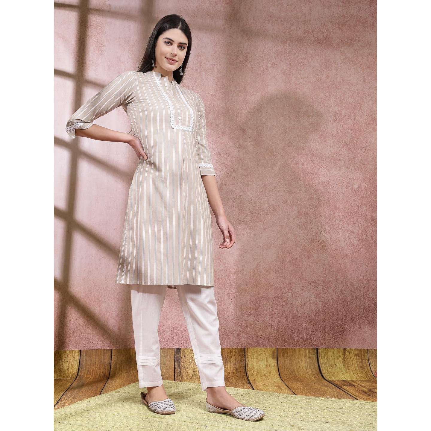 Stylum Women's Woven Striped Cotton Blend Straight Kurta (Beigeboss42_Beige, Xl)