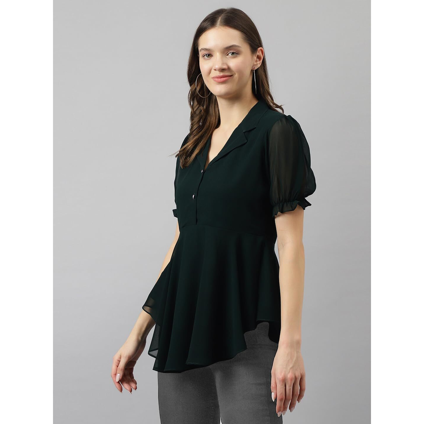 Toochki Bottle Green Georgette Solid Flared Top For Summer Latest Trending Style