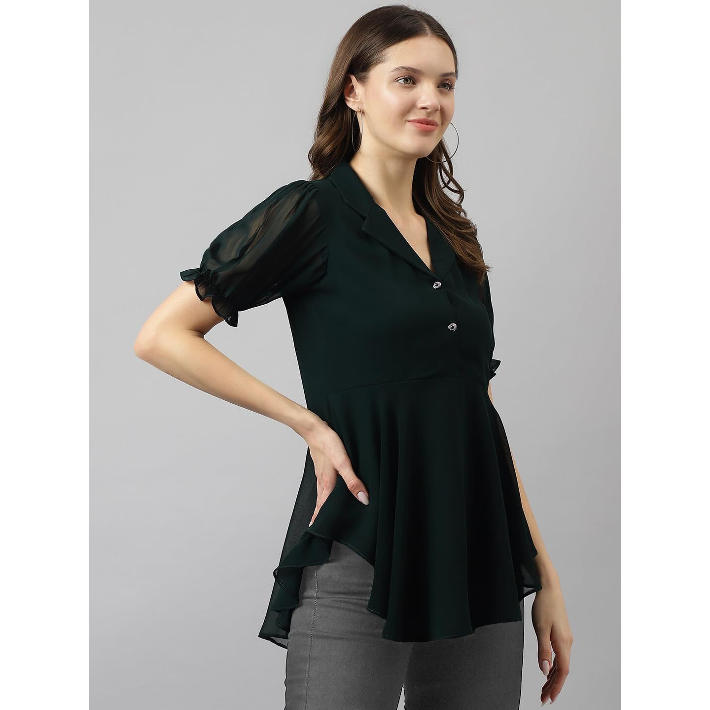 Toochki Bottle Green Georgette Solid Flared Top For Summer Latest Trending Style