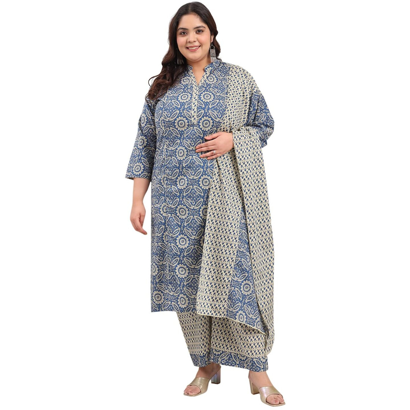 Tissu Women's Plus Size Blue Printed Pure Cotton Kurta Palazzo With Dupatta (741_Blue_7Xl)