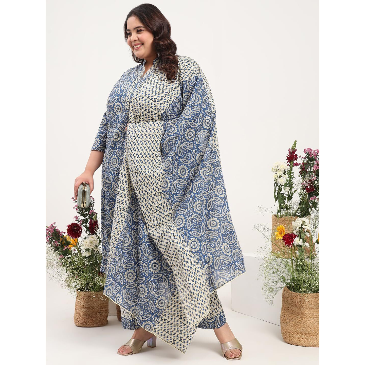 Tissu Women's Plus Size Blue Printed Pure Cotton Kurta Palazzo With Dupatta (741_Blue_7Xl)