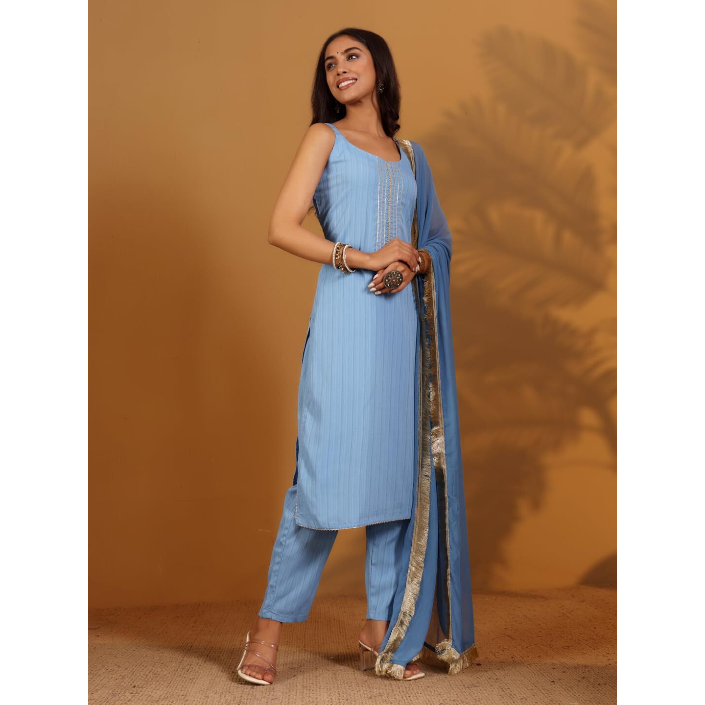Varanga Women Blue Straight Kurta With Tonal Bottom & Dupatta