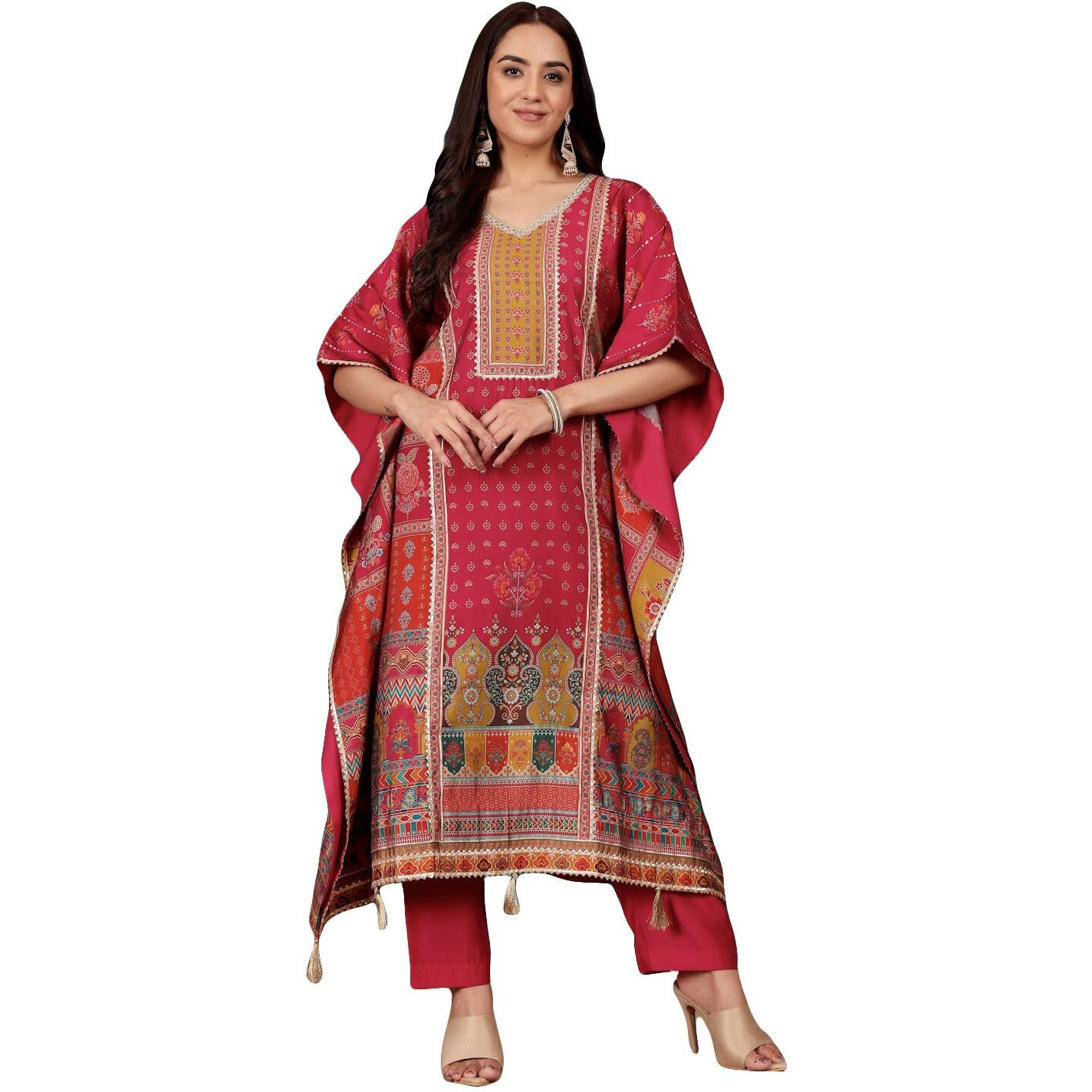 Varanga Women V Neck Ethnic Printed Zari Detailed Kaftan With Trouser