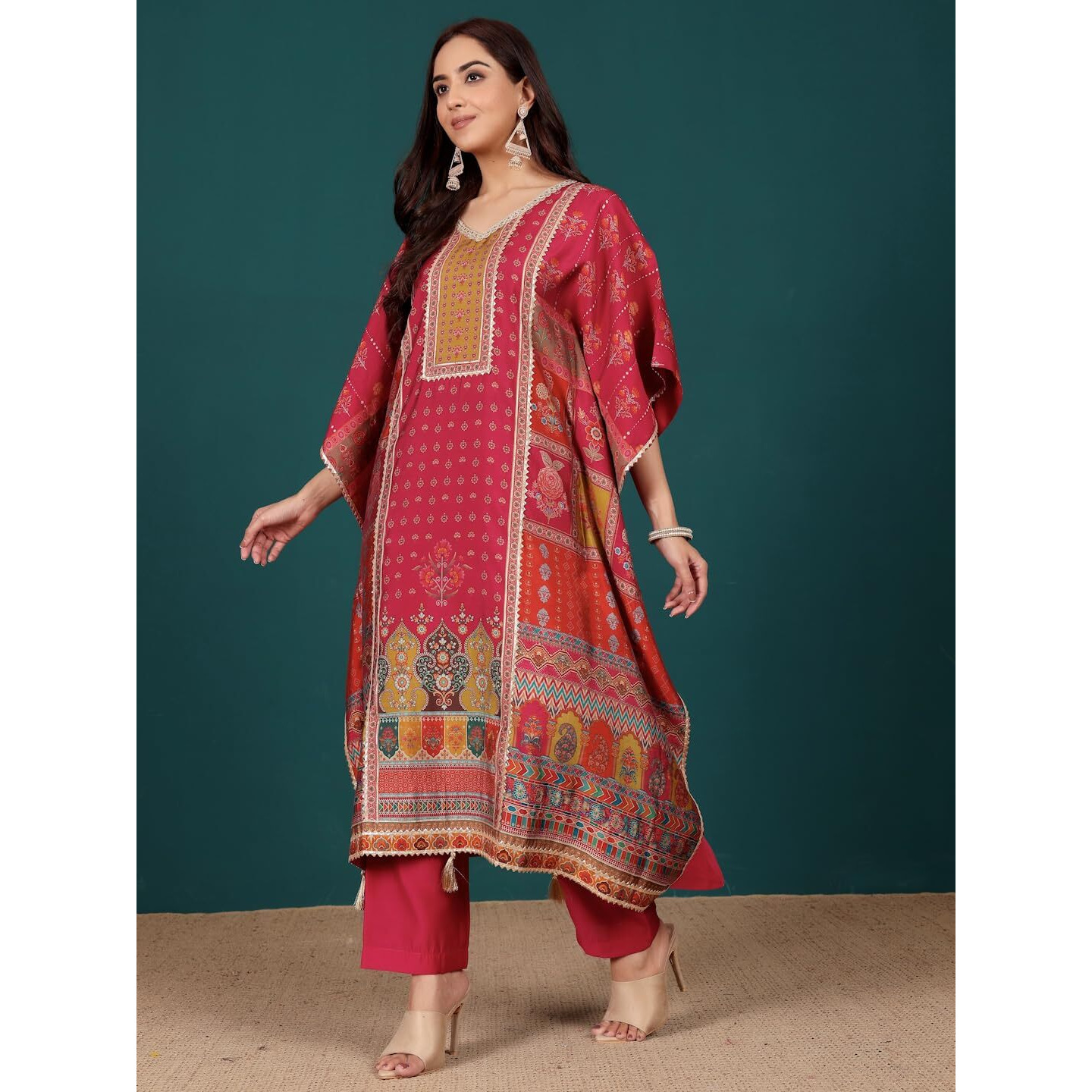 Varanga Women V Neck Ethnic Printed Zari Detailed Kaftan With Trouser