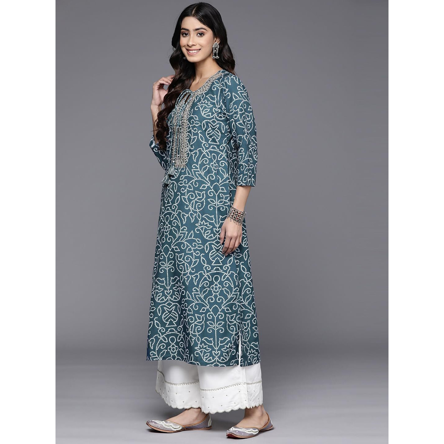 Blue Bandhani Printed, Three Quarter Sleeve, Round Neck With Drawstring, Embellished With Gotta, Side Slit Straight Kurta