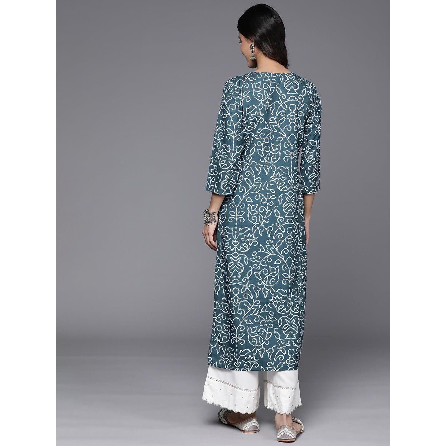 Blue Bandhani Printed, Three Quarter Sleeve, Round Neck With Drawstring, Embellished With Gotta, Side Slit Straight Kurta