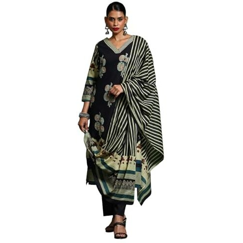 Varanga Women Blue Jaipuri Printed Kurta With Trouser & Dupatta