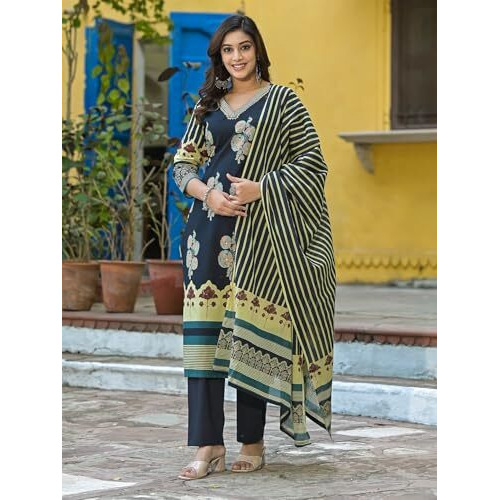 Varanga Women Blue Jaipuri Printed Kurta With Trouser & Dupatta