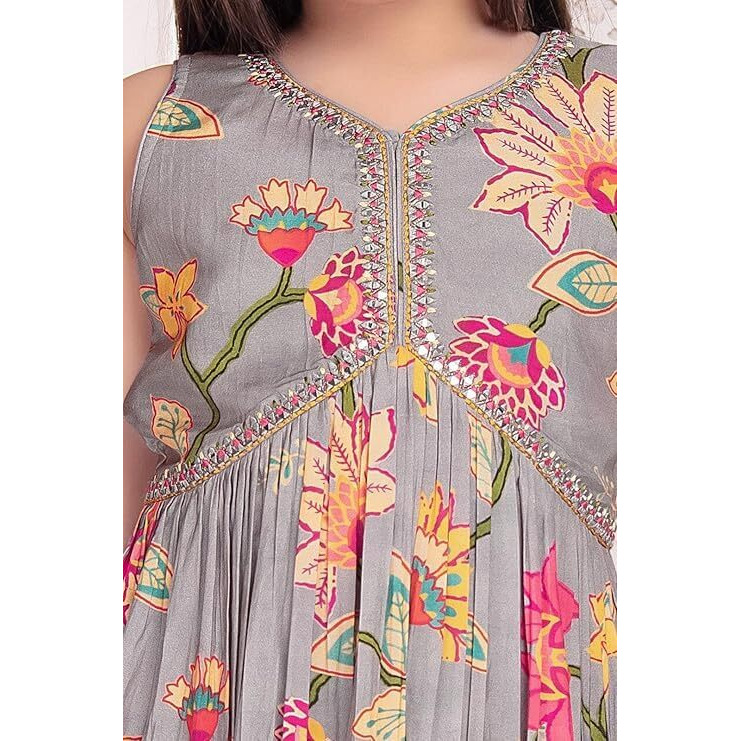 White Button New Grey Floral Print Alia Cut Peplum Top And Sharara Set For Girls