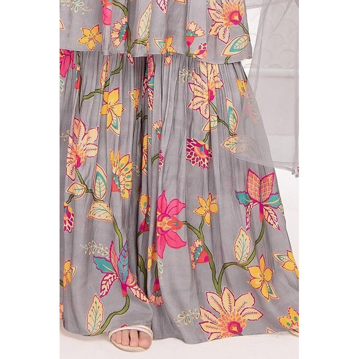 White Button New Grey Floral Print Alia Cut Peplum Top And Sharara Set For Girls