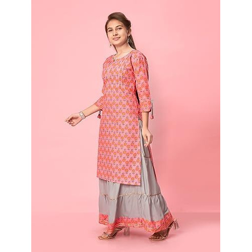 Aarika Girl's Cotton Kurti Skirt Set (New_Ks-Gh-K-480_Gajri-Grey