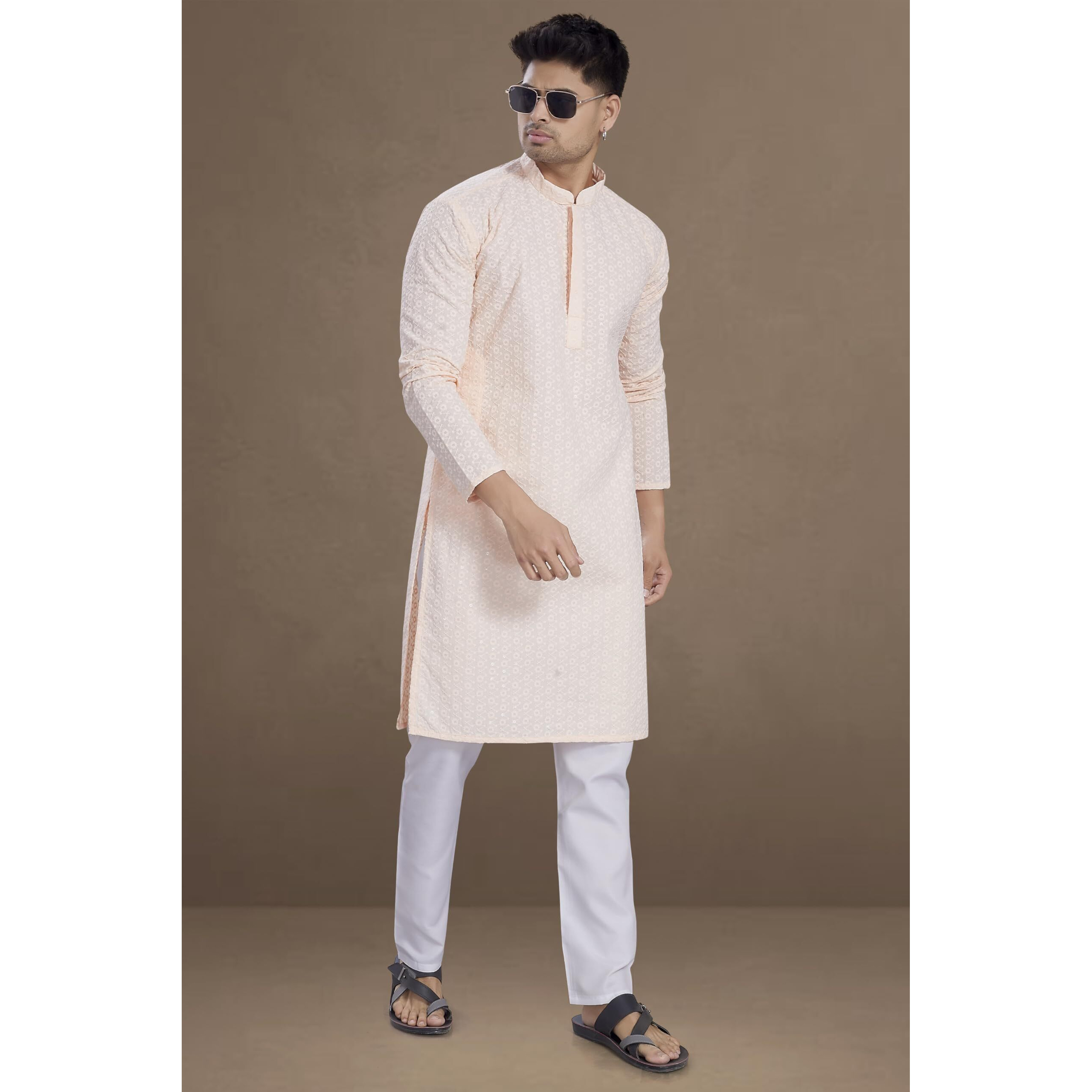 Divisive Men's Sequince Embroidered Cotton Blend Only Slim Fit Kurta (Dkrt1121_4Xl_Peach)