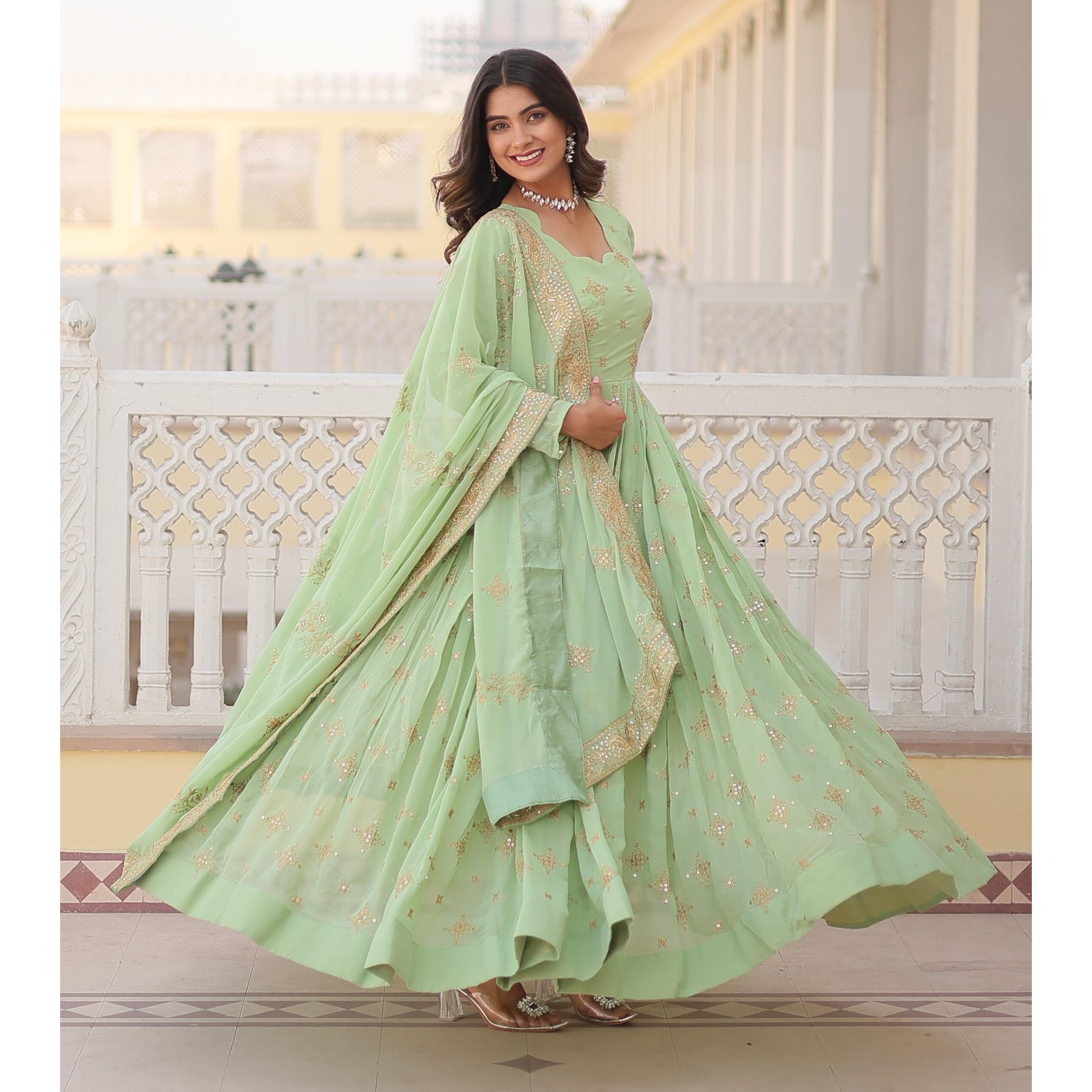 Fashion Basket Havy Georgette Embroidered Anarkali Dress For Women Green