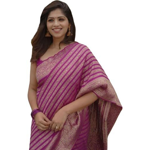 Flosive Women's Kanjivaram Flamingo Pink Zari Design Silk Saree With Matching Blouse