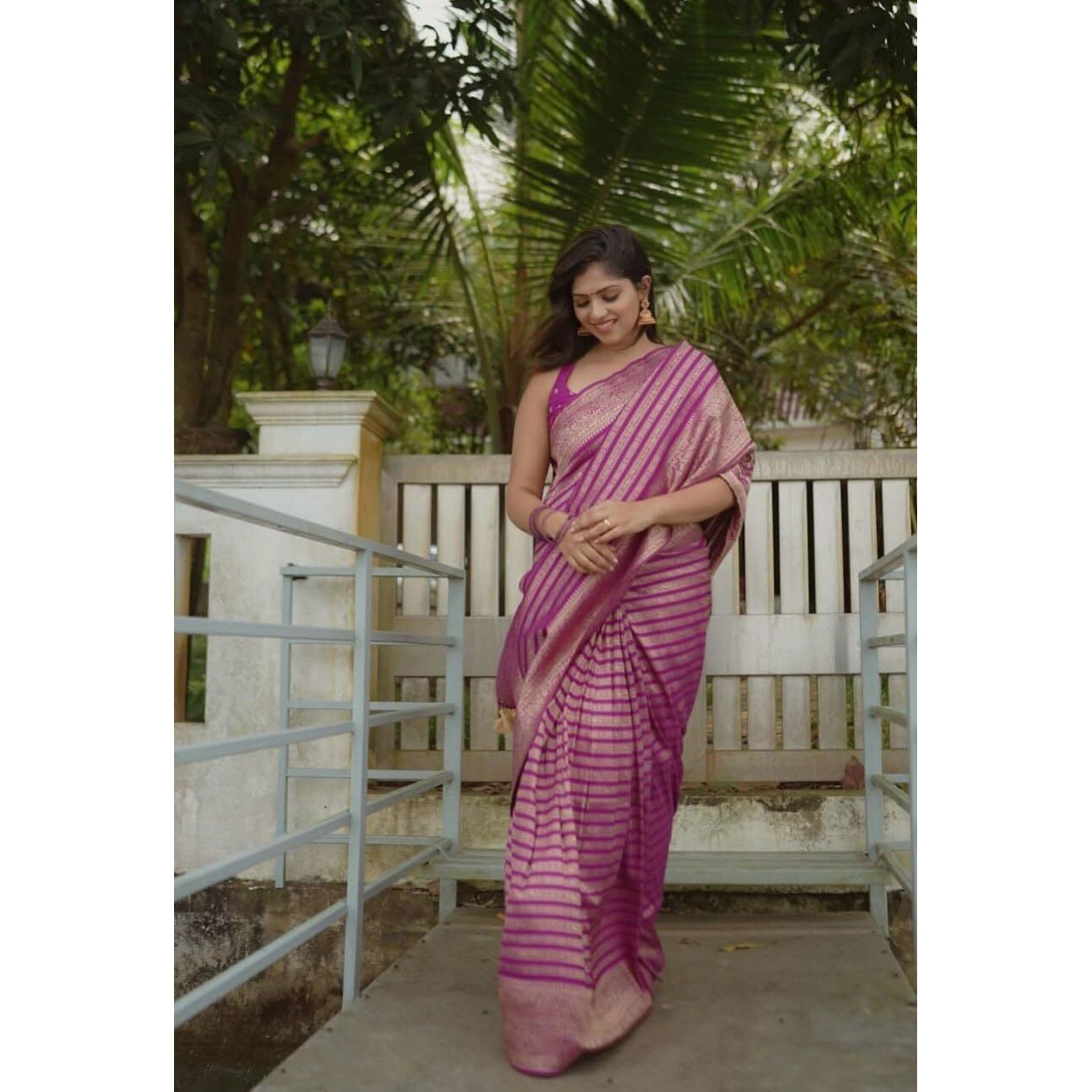 Flosive Women's Kanjivaram Flamingo Pink Zari Design Silk Saree With Matching Blouse
