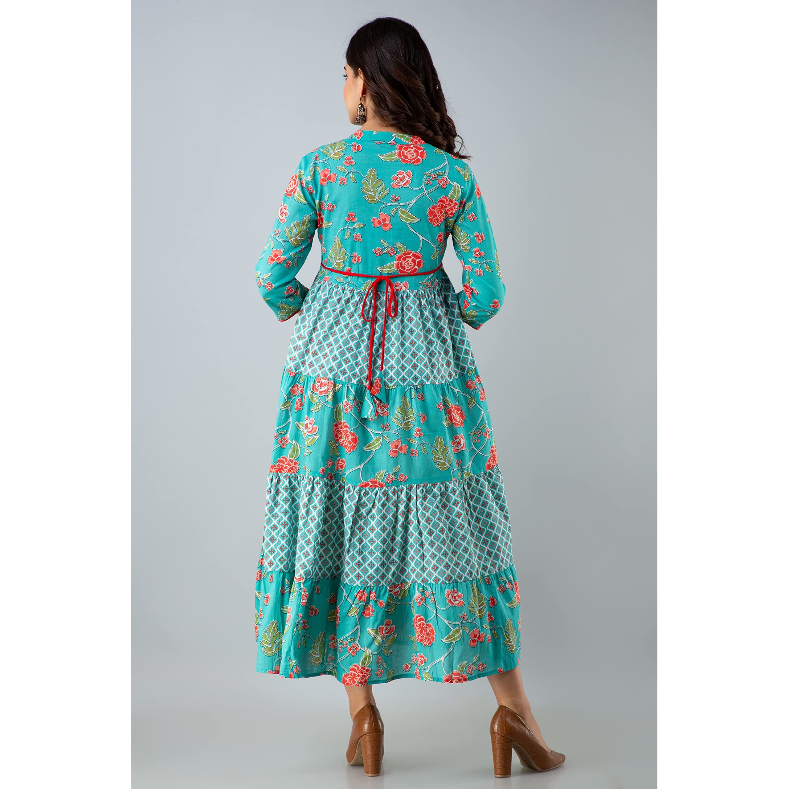 Jikonet Women's Rayon Anarkali Kurti Floral Midi Dress (251) (Blue, X-Large)