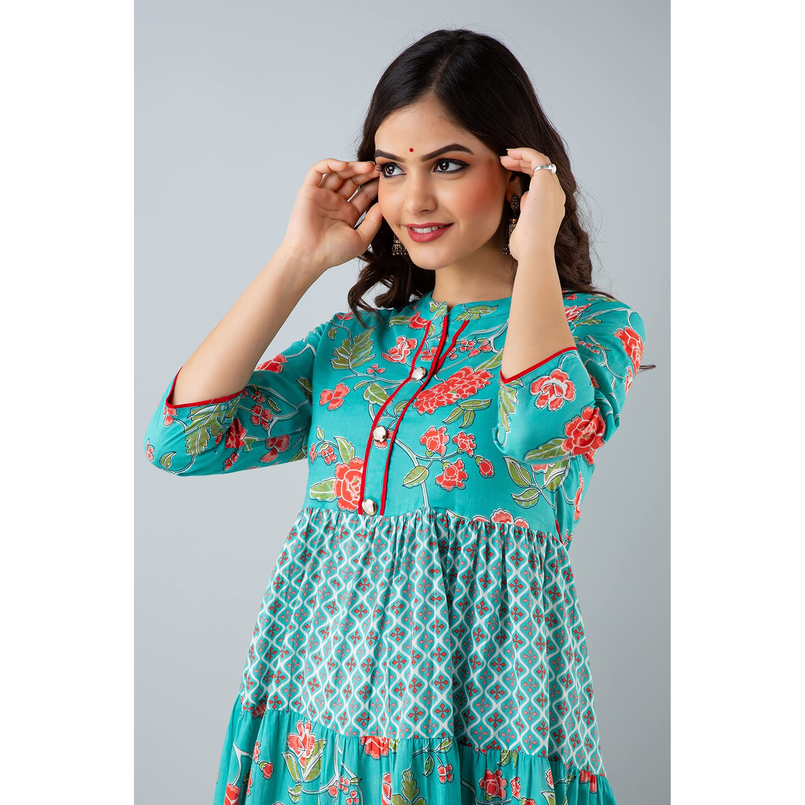Jikonet Women's Rayon Anarkali Kurti Floral Midi Dress (251) (Blue, X-Large)