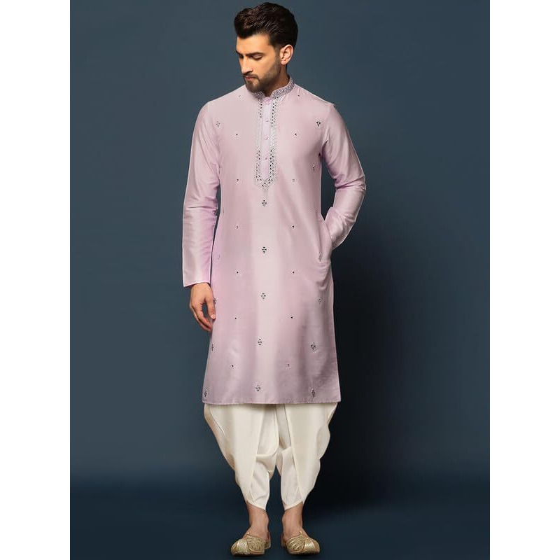 Kisah Men's Kurta Dhoti Set, Pink Cotton Blend, Embroidered Regular Fit Mandarin Collar Long Sleeves (M)