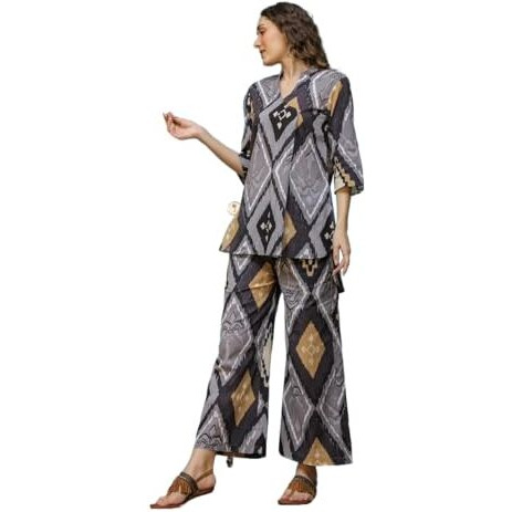 Nermosa Women Co-Ords Set For Women | Kurta Sets | Kurta Pant Set | Coordinate Set | Summer Suit | Printed Short Kurti With Pant Set (In, Alpha, Xl, Grey)