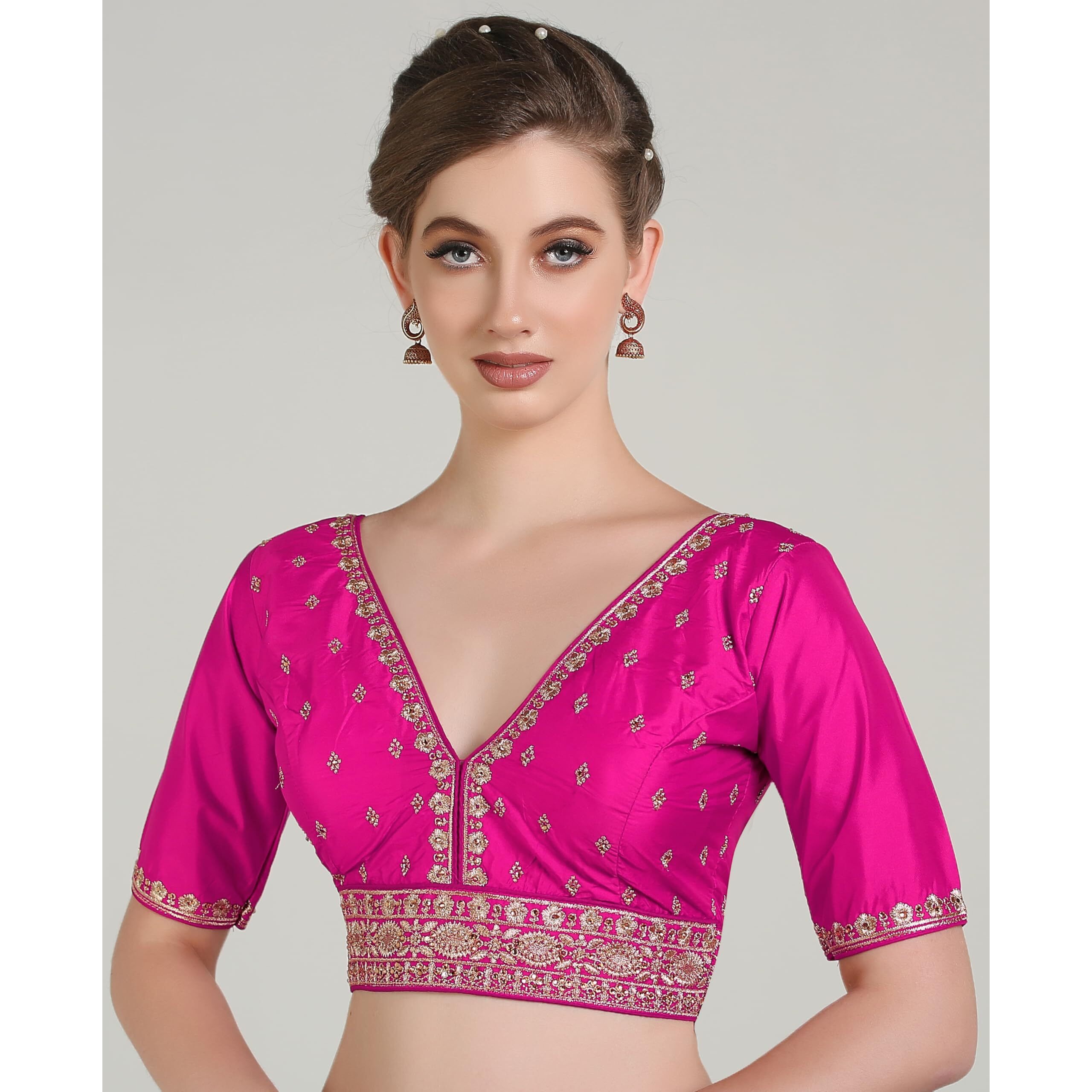 Pujia Mills Woman Readymade Ethnic Wear Deep V Neck Classic Butti Designer Half Sleeve Red Blouse Online Embroidery Zari Work With Diamond Work Border Sadi Blouse