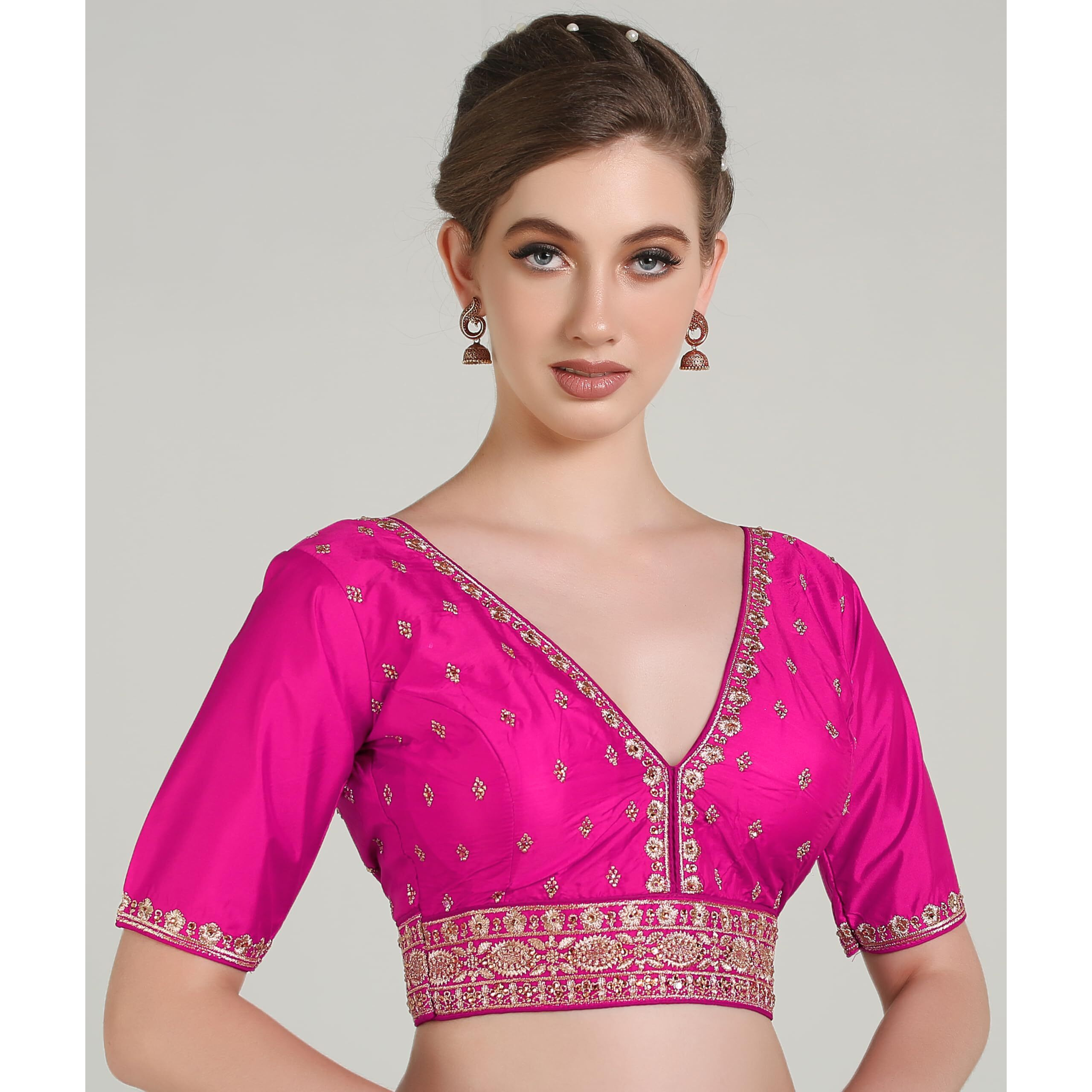 Pujia Mills Woman Readymade Ethnic Wear Deep V Neck Classic Butti Designer Half Sleeve Red Blouse Online Embroidery Zari Work With Diamond Work Border Sadi Blouse