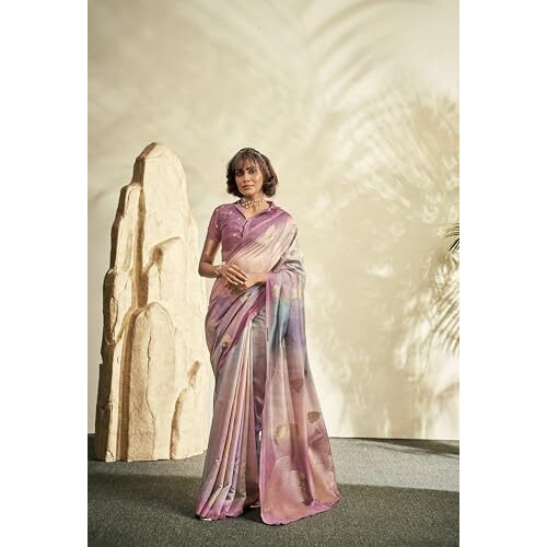 Pujia Mills Women's Leaf Zari Woven Design With Ombre Print Silk Saree With Unstitched Blouse