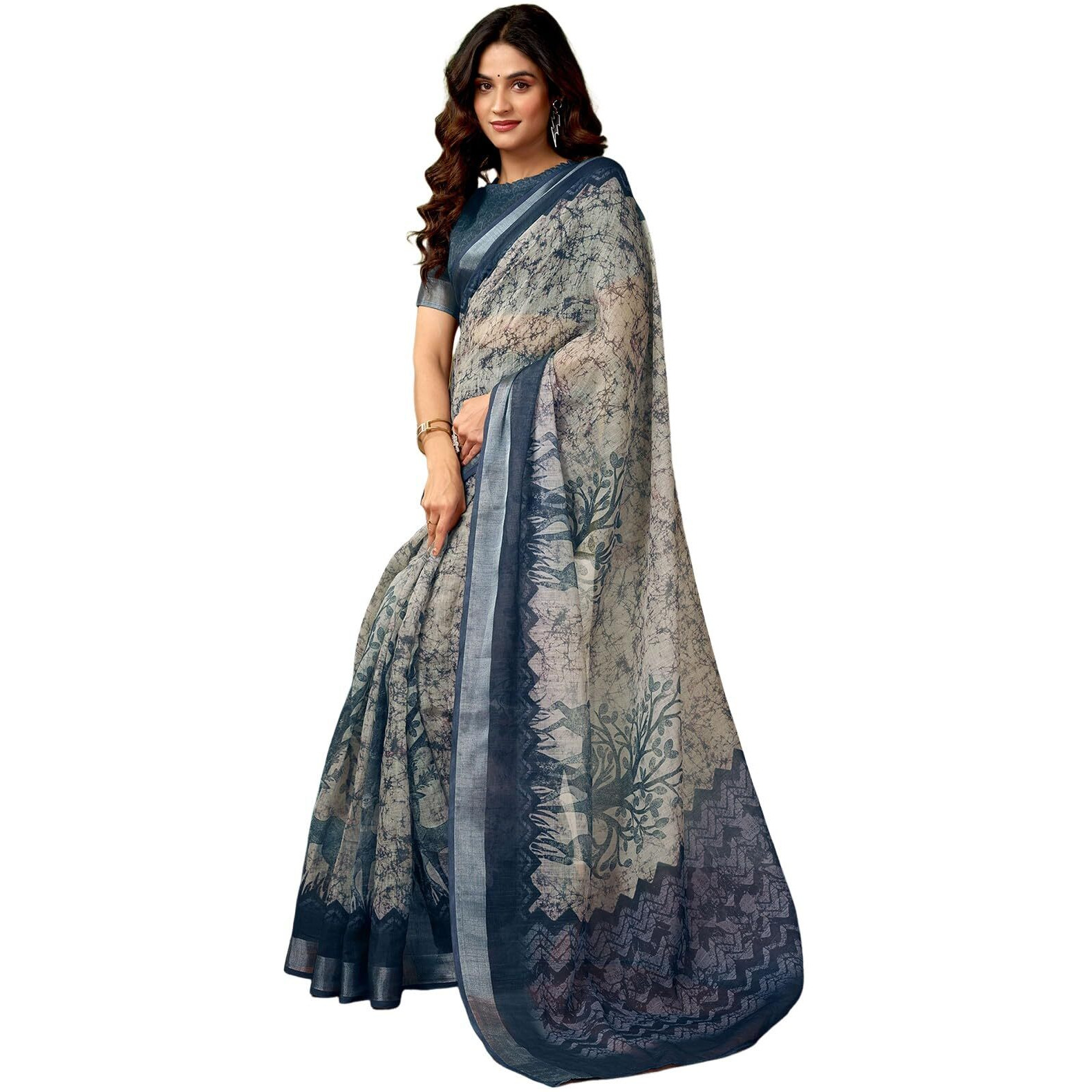 Satrani Women's Linen Zari Border Printed Ready To Wear One Minute Pre Pleated Readymade Saree With Unstitched Blouse Piece (33Rs312N_Stone Grey & Black)