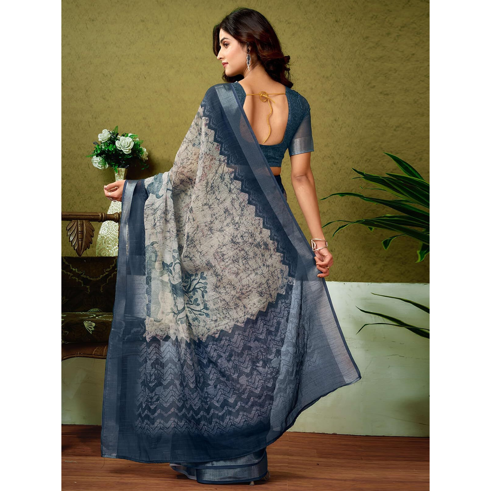 Satrani Women's Linen Zari Border Printed Ready To Wear One Minute Pre Pleated Readymade Saree With Unstitched Blouse Piece (33Rs312N_Stone Grey & Black)
