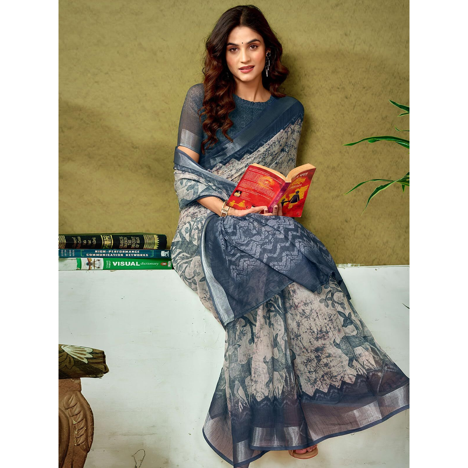 Satrani Women's Linen Zari Border Printed Ready To Wear One Minute Pre Pleated Readymade Saree With Unstitched Blouse Piece (33Rs312N_Stone Grey & Black)