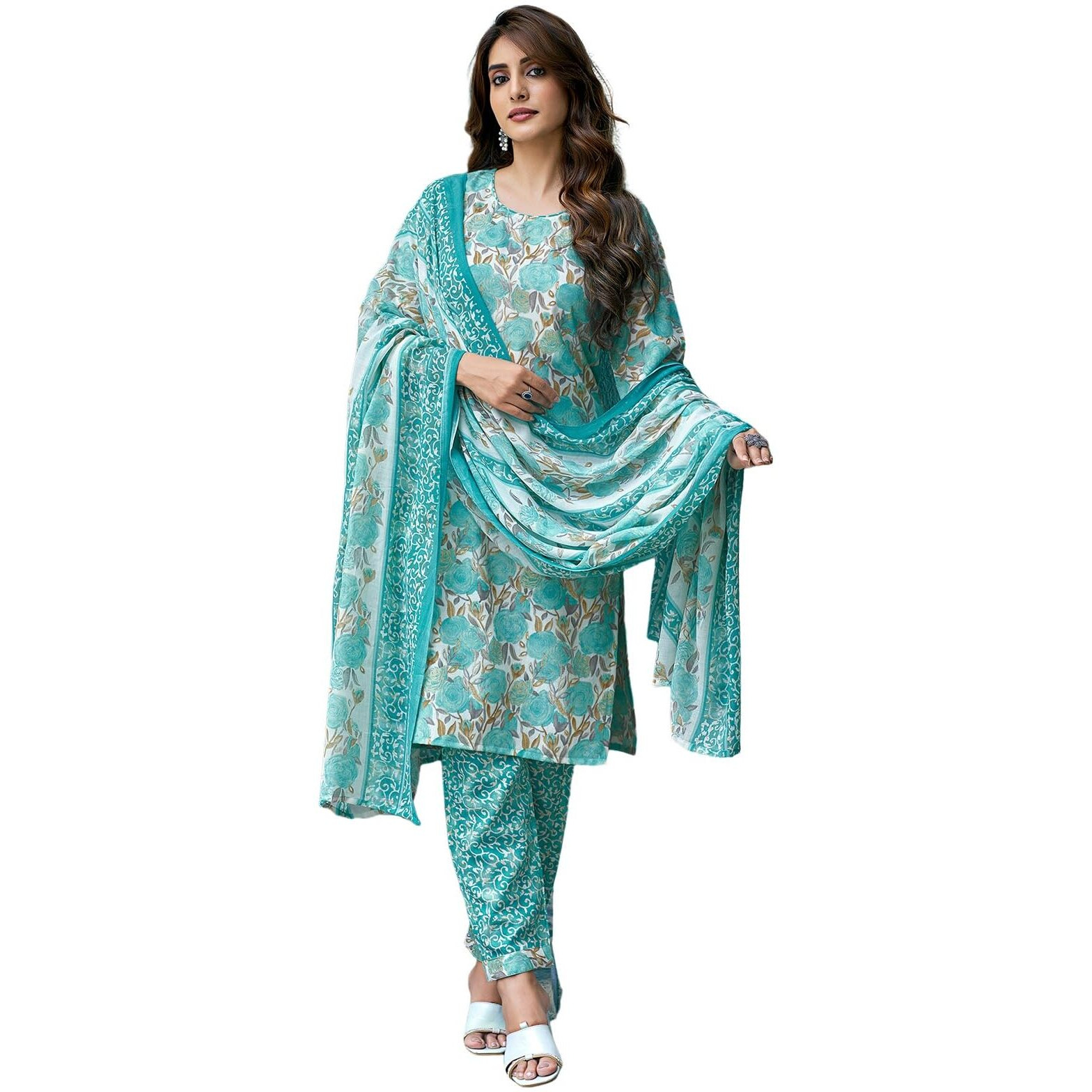 Sanisa Women's Cotton Blend Floral Printed With Foil Work Straight Kurta With Pant And Dupatta Set (203Kbd2153Nr-L_Tourquise & Off White & Multi)