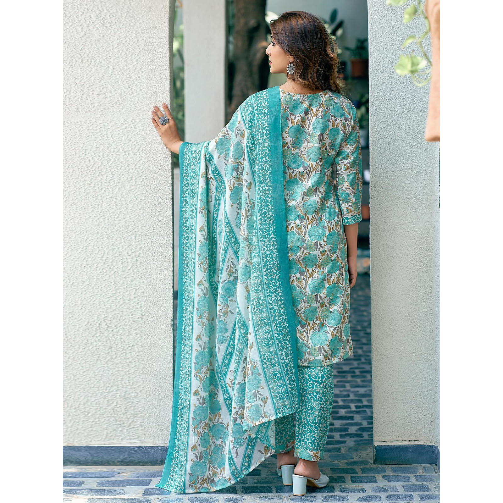 Sanisa Women's Cotton Blend Floral Printed With Foil Work Straight Kurta With Pant And Dupatta Set (203Kbd2153Nr-L_Tourquise & Off White & Multi)