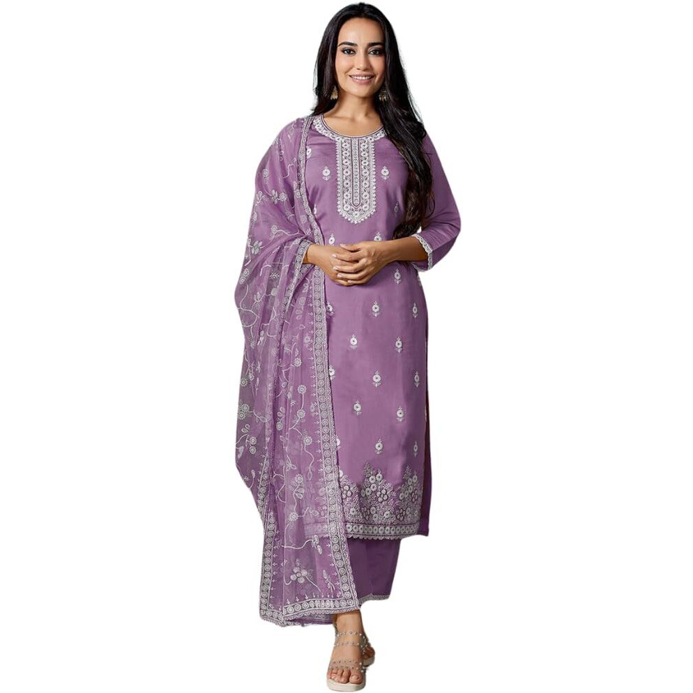 Shienzy Women's Embroidered Work Chanderi Kurta & Pant With Dupatta || Straight Kurta Outfits || Ethnic Set(1655_Prl_L)