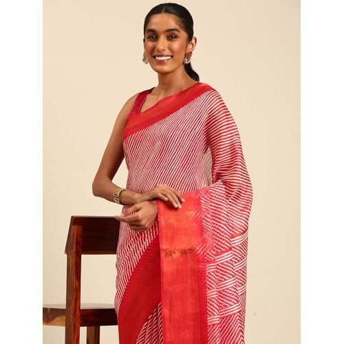 Shiv Textiles Poly Cotton Leheriya Floral Print Saree For Women With Unstitched Blouse (St-10719-Red)