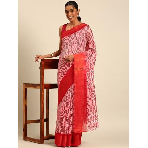 Shiv Textiles Poly Cotton Leheriya Floral Print Saree For Women With Unstitched Blouse (St-10719-Red)