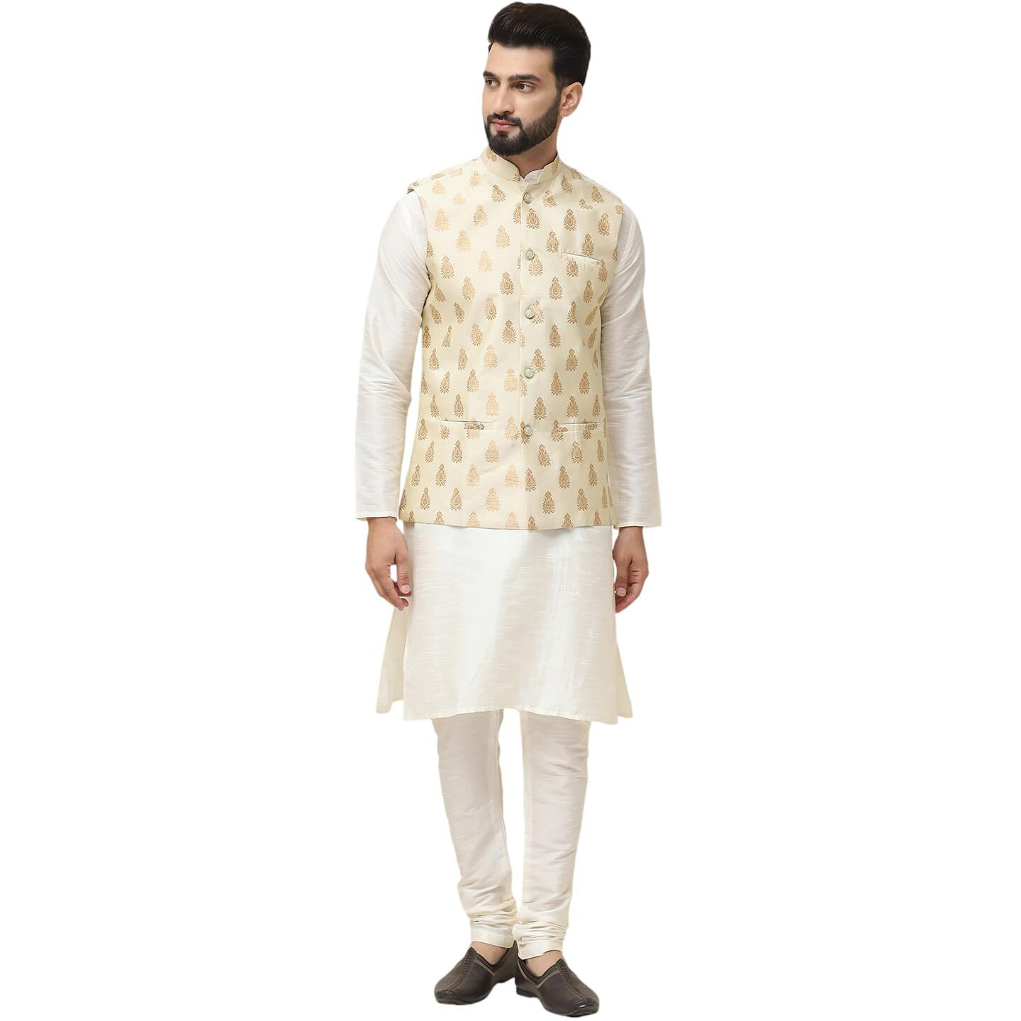 Sojanya (Since 1958 Men's Silk Blend Cream Kurta Pyjama With Beige Nehrujacket Set