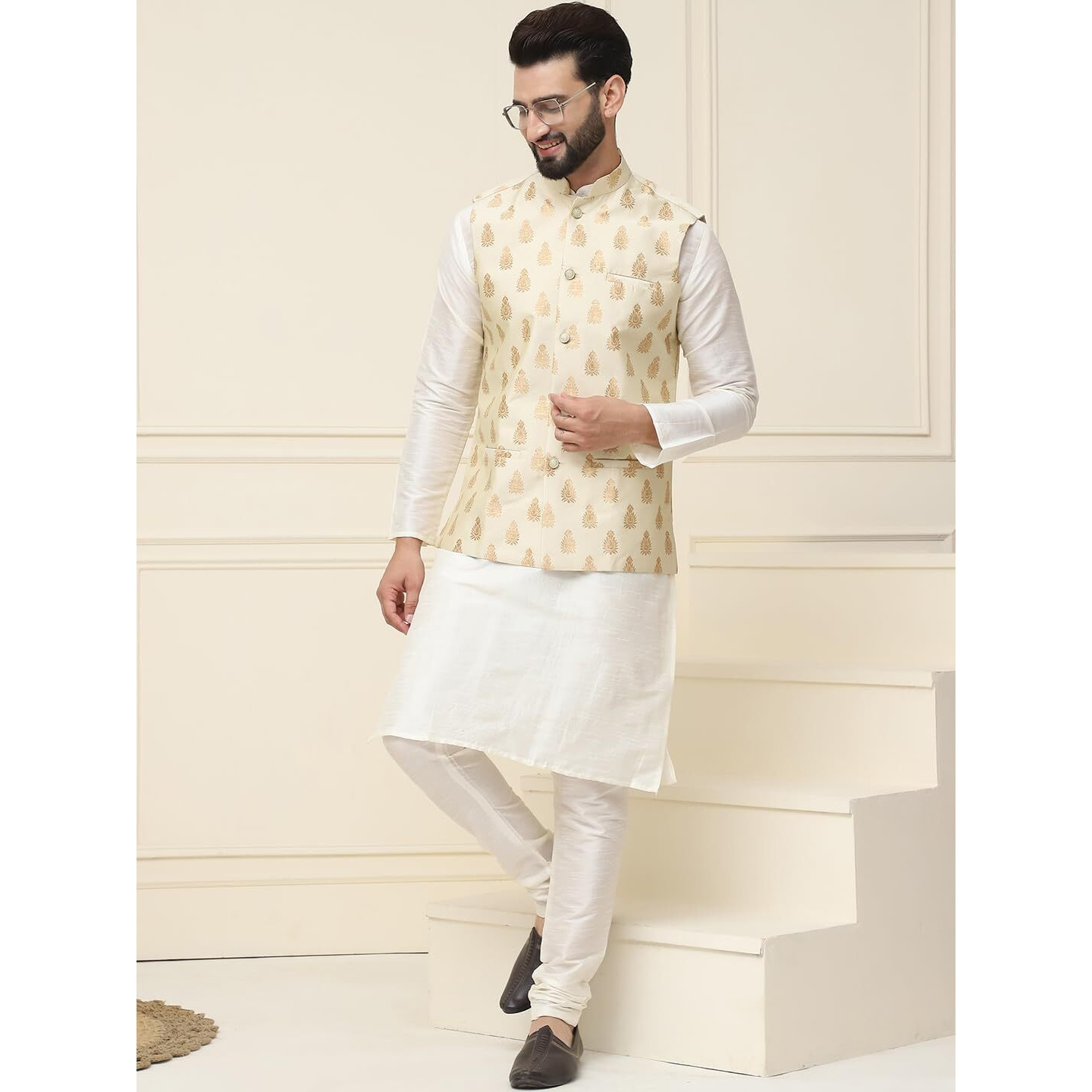 Sojanya (Since 1958 Men's Silk Blend Cream Kurta Pyjama With Beige Nehrujacket Set