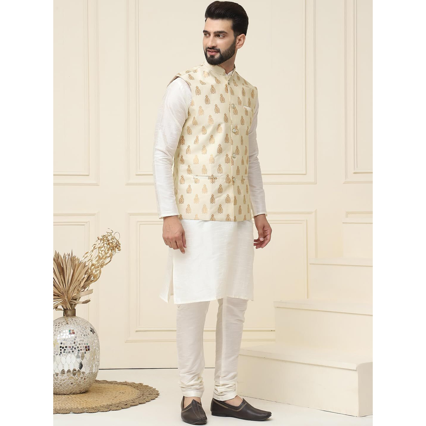 Sojanya (Since 1958 Men's Silk Blend Cream Kurta Pyjama With Beige Nehrujacket Set