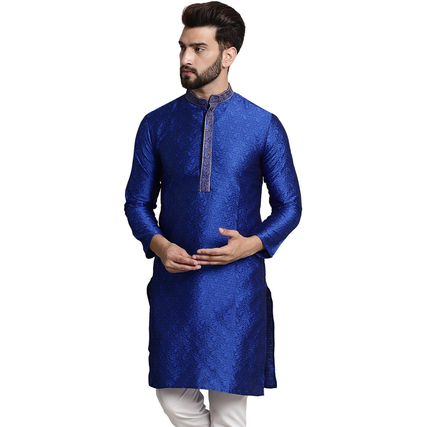 Sojanya (Since 1958 Men's Silk Blend Blue Color Only Long Kurta With Neck Embroidery
