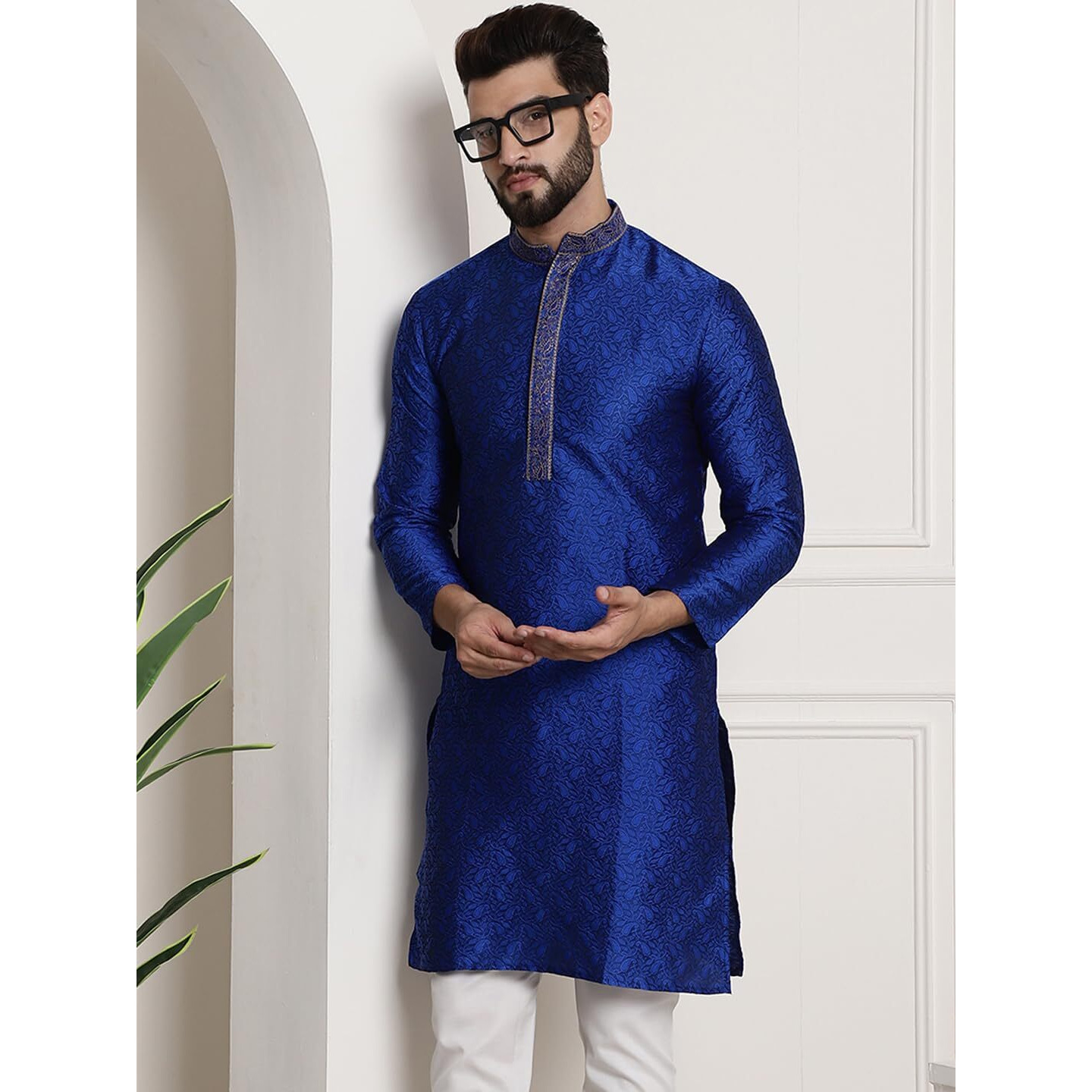 Sojanya (Since 1958 Men's Silk Blend Blue Color Only Long Kurta With Neck Embroidery