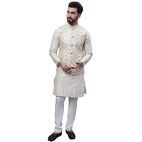 Sojanya Men's Silk Blend Cream Kurta And Cream Pyjama With Cream Embroidery Nehru Jacket