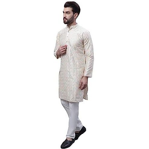 Sojanya Men's Silk Blend Cream Kurta And Cream Pyjama With Cream Embroidery Nehru Jacket