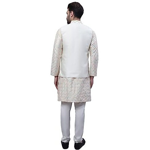 Sojanya Men's Silk Blend Cream Kurta And Cream Pyjama With Cream Embroidery Nehru Jacket