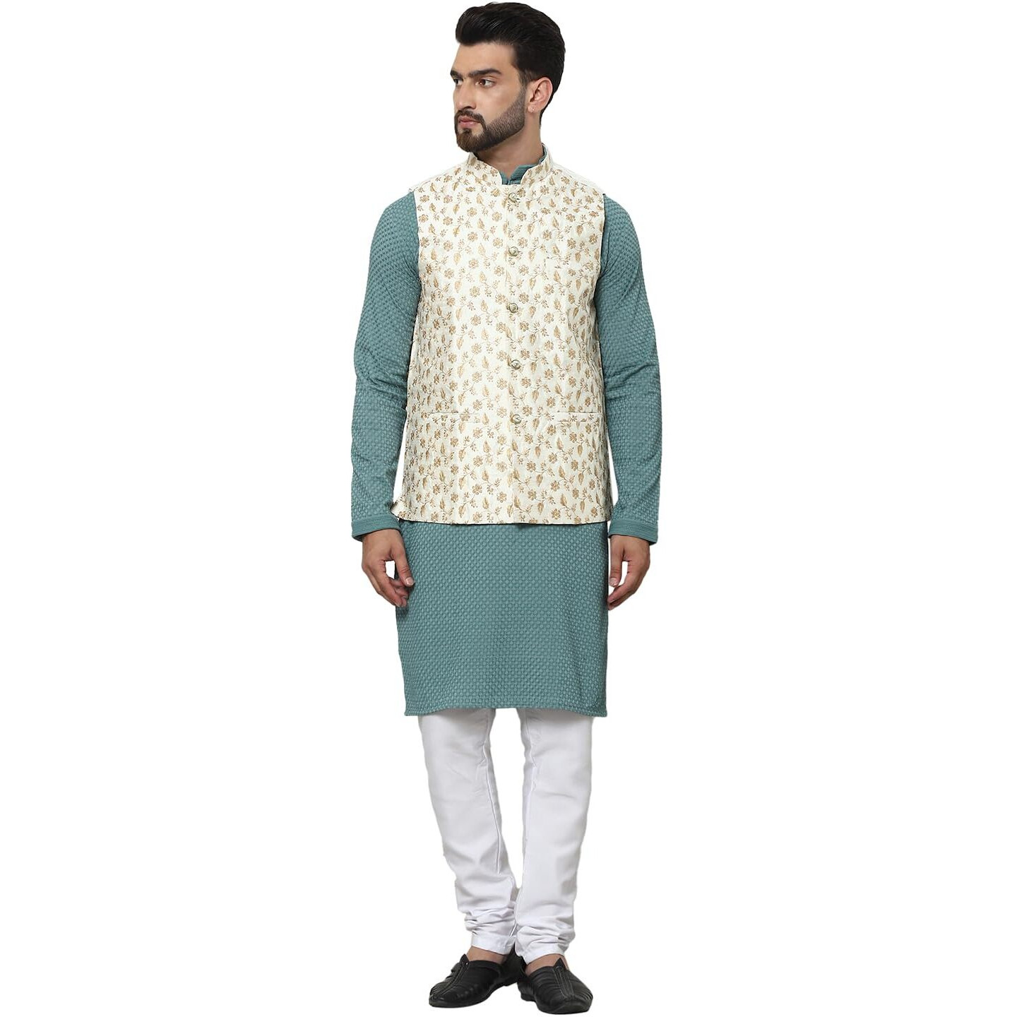 Sojanya (Since 1958 Men's Pure Cotton Sea Green Kurta And White Pyjama With Embroidered Cream Nehru Jacket