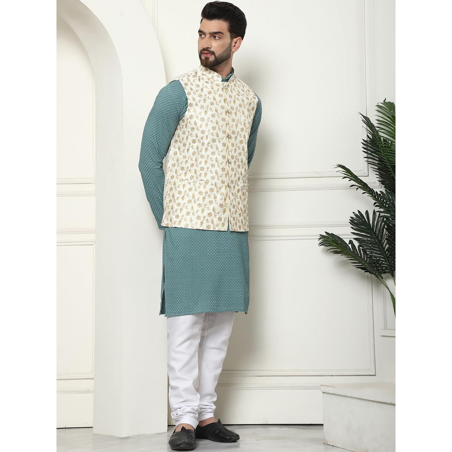 Sojanya (Since 1958 Men's Pure Cotton Sea Green Kurta And White Pyjama With Embroidered Cream Nehru Jacket